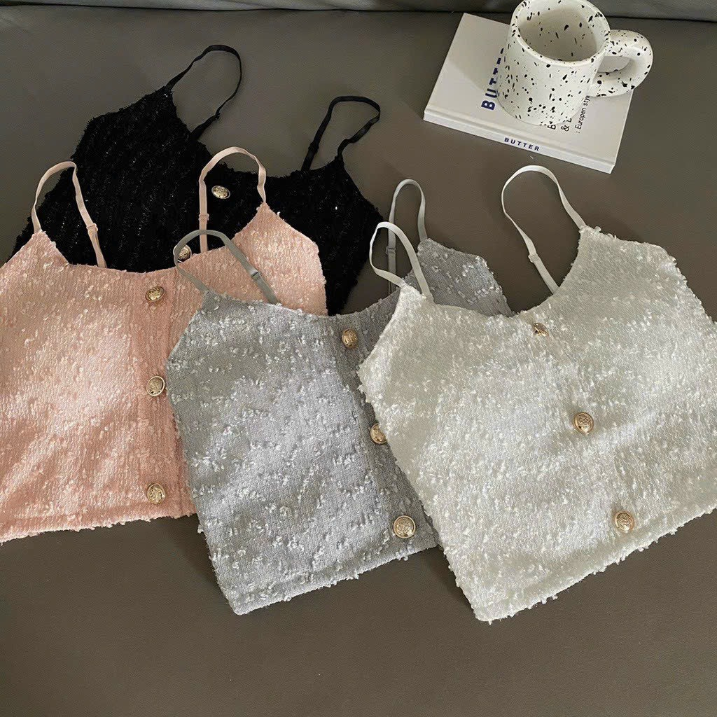 Áo croptop hai dây bo lưng đính nút chất kim tuyến siêu xinh lp067