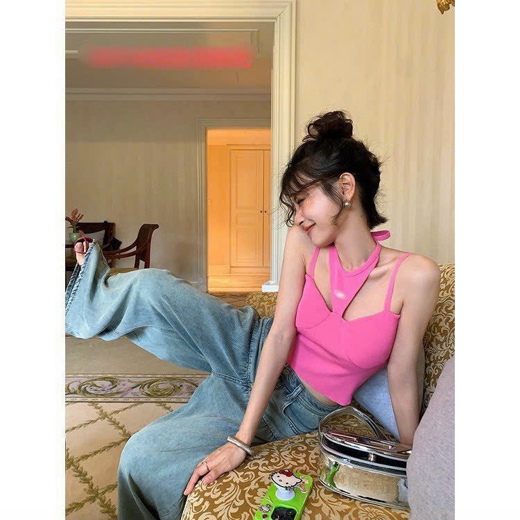 áo croptop hai dây có mút ngực phối cổ yếm siêu hot chất thun dày dặn cục xinh LP065