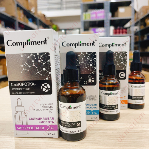 Serum Compliment 2% BHA Salicylic Acid Hyaluronic Acid B5 5% Vitamin C 20% Làm Sạch Da, Giảm Mụn Trắng Da Căng Bóng 27ml