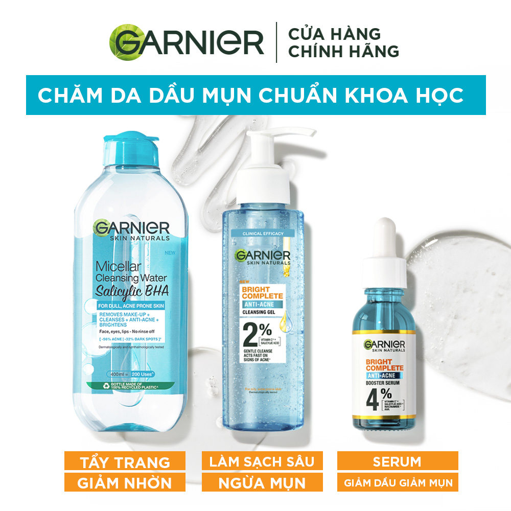 Sữa rửa mặt dạng gel sạch thoáng dịu nhẹ Garnier 2% [BHA, Vitamin C] cho da dầu mụn 120ml