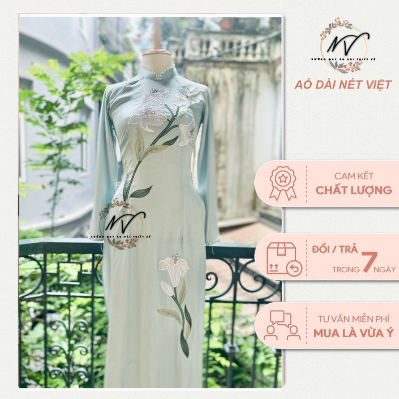 Áo dài truyền thống lụa vân gỗ Hương Lan màu xanh ngọc mềm mát hoạ tiết thêu kết đính đẹp toàn bộ ảnh thật nhà Nét Việt