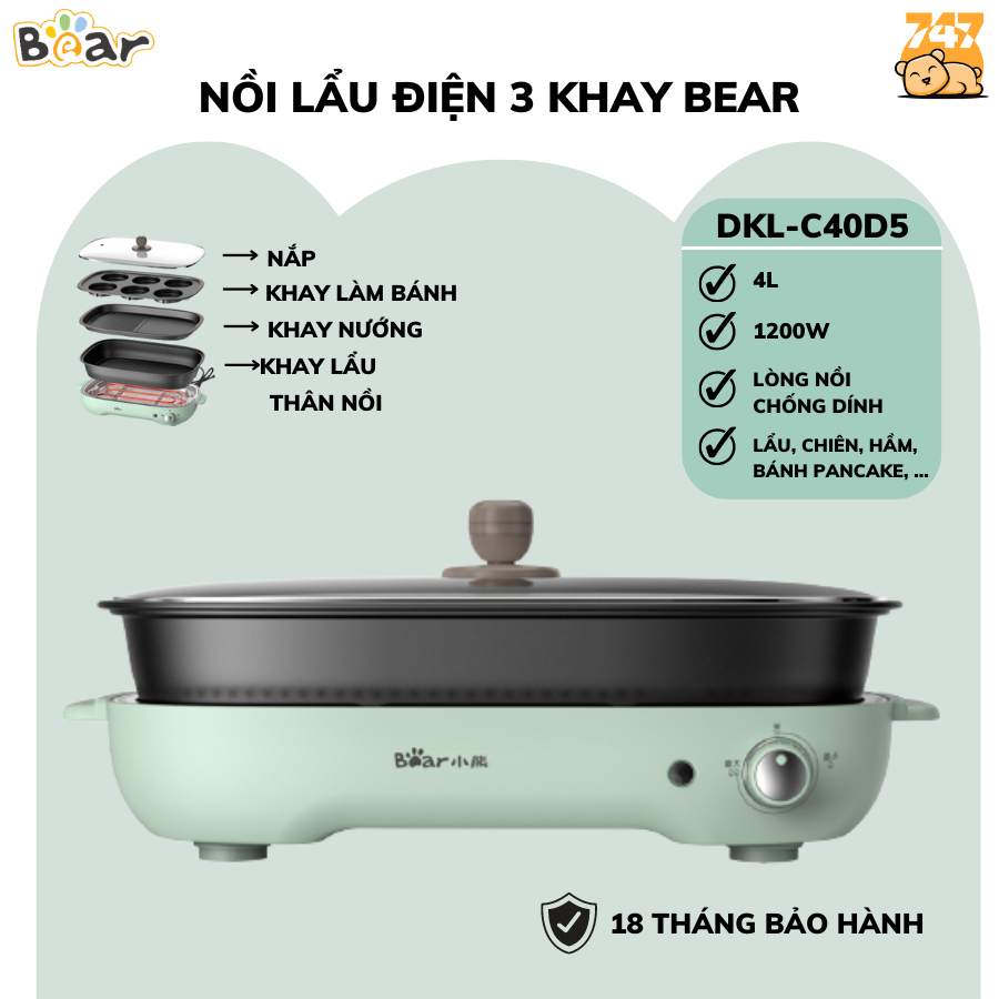 Nồi lẩu nướng mini 2 ngăn đa năng Bear DKL-C15G1 dung tích 3L - Bếp lẩu nướng mini cao cấp chống dính, CS 1600w, BH 18th