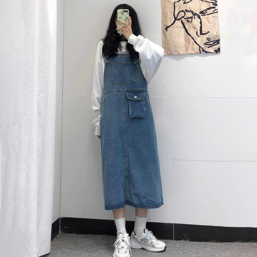 Váy Yếm Jeans Túi Hộp Hai Dây Form Rộng Cao Cấp MIAA, Váy Yếm Denim Dáng Đầm Phong Cách Hàn Quốc