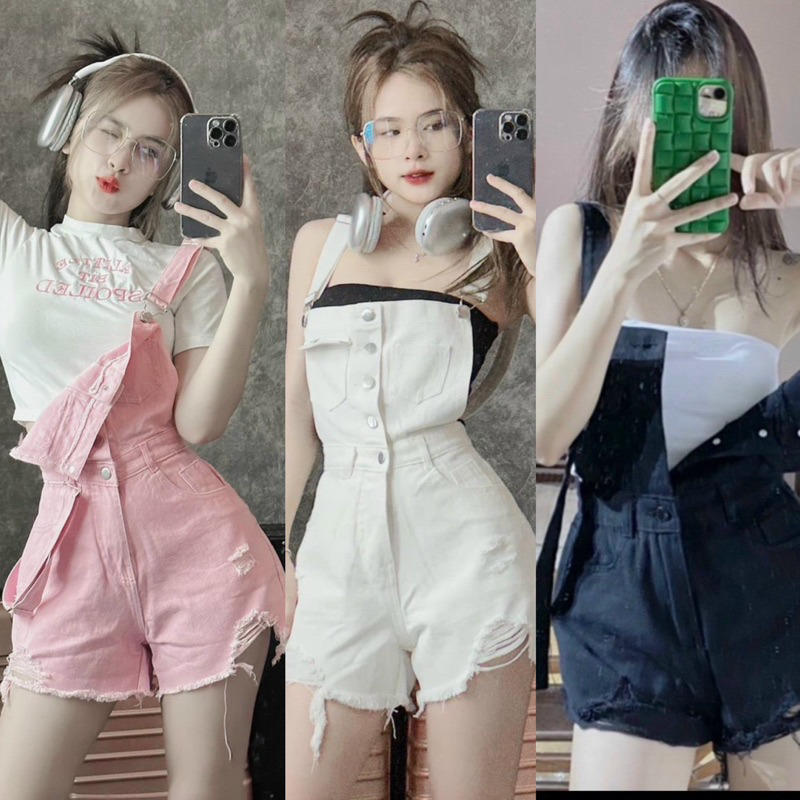 Quần yếm jean 5 khuy rách tua lai🌷Xinh xỉu🌷XC jeans sẵn