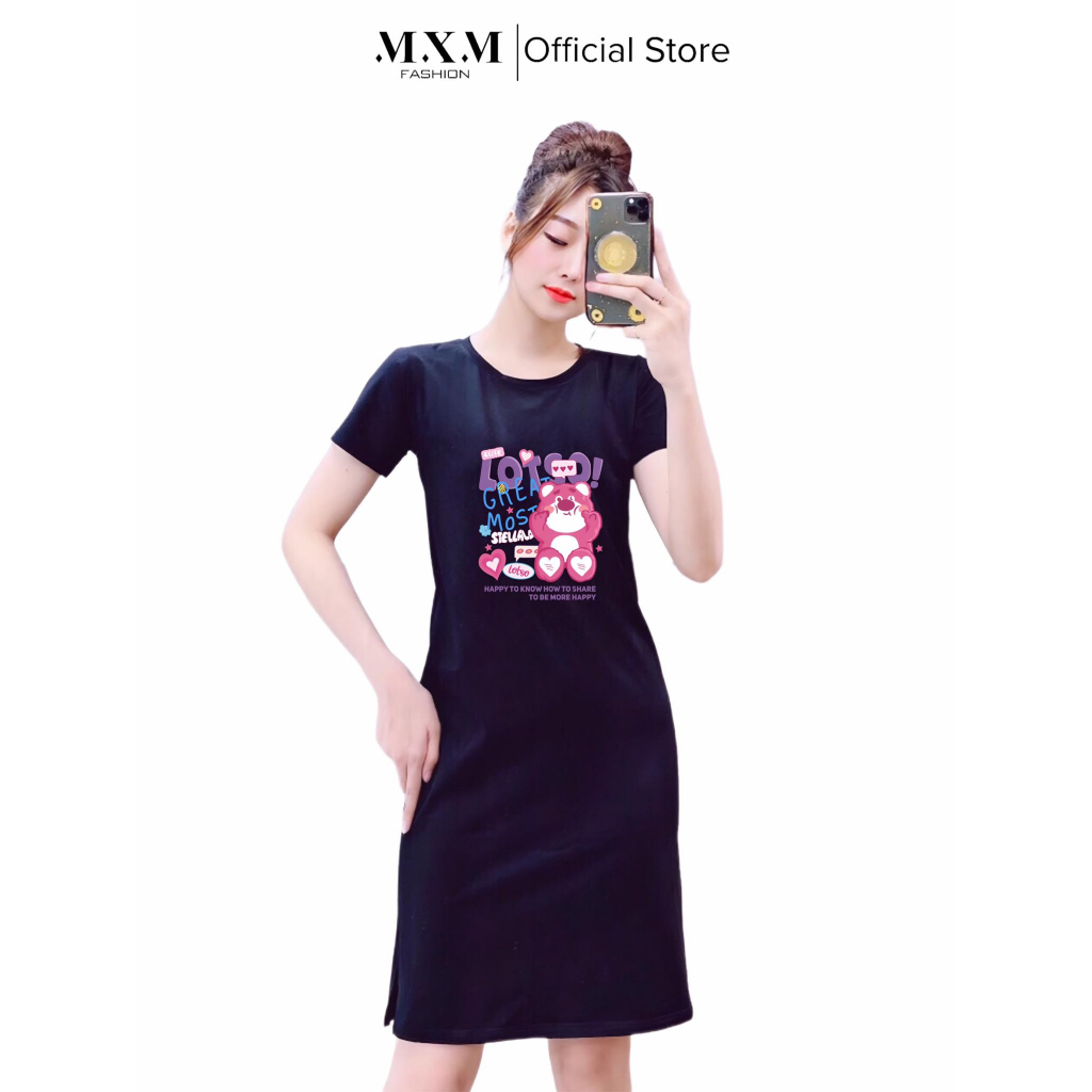 Đầm thun dáng suông xẻ tà cổ tròn MXM in hình Gấu Dâu Lotso chất vải cotton 4 chiều mịn mát - D202