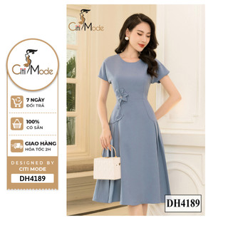 Đầm công sở CITI MODE FASHION thiết kế dáng xoè xanh dậy ly 2 bên đính hoa eo DH4189