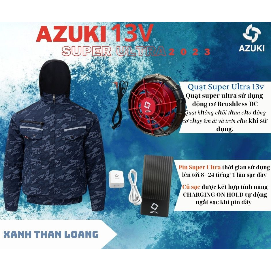 Áo điều hòa AZUKI 2023 pin 26000mah Nhật Không Xù, Kháng Khuẩn, Khử Mùi, Mặc Mát