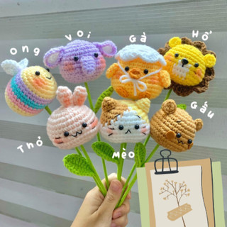 Hoa len đầu thú dễ thương bằng len móc handmade làm quà tặng/tốt nghiệp, trang trí, phụ kiện decor