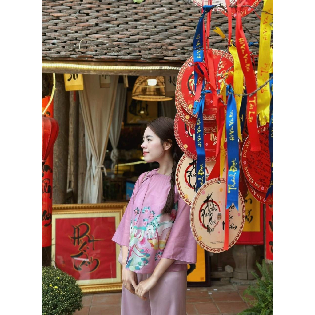 Set lụa hồng họa tiết