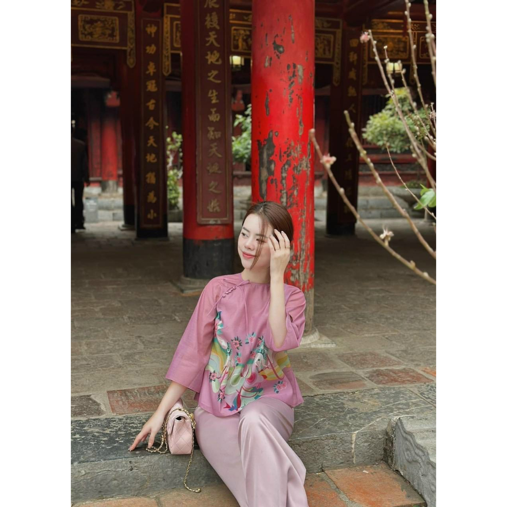 Set lụa hồng họa tiết