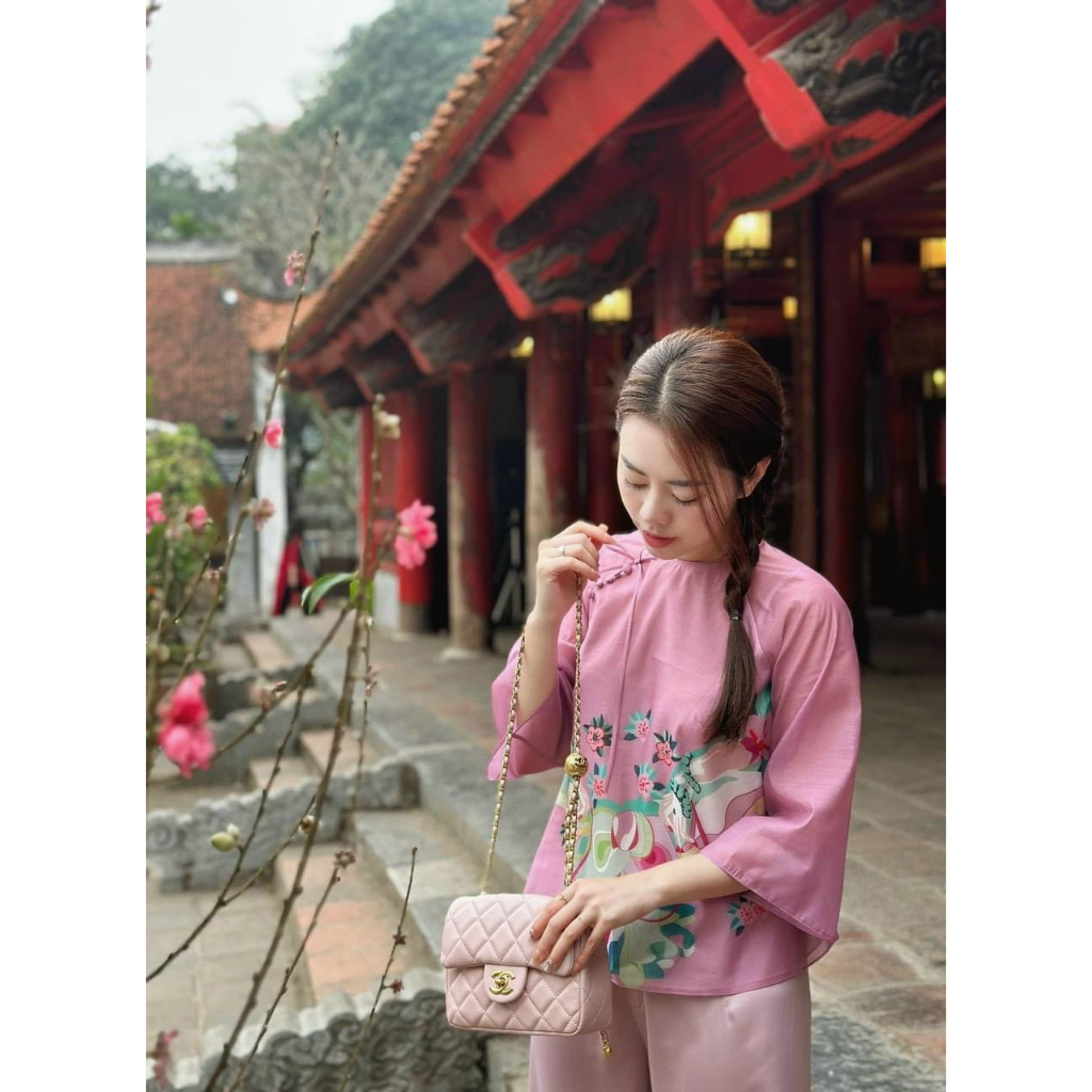 Set lụa hồng họa tiết