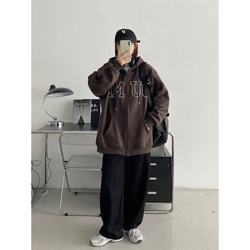 Áo khoác hoodie zip nỉ bông nhiều màu unisex dáng rộng có mũ in chữ basic dày dặn DELIZ