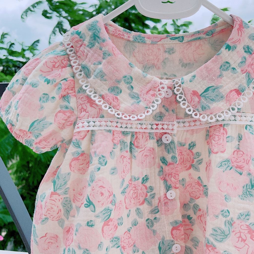 Pijama bé gái cộc tay quần lửng xô muslin Áo Lá Homewear A040, đồ ngủ bé gái xô đũi babydoll caro xinh xắn