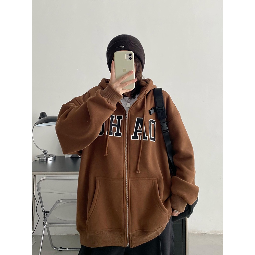 Áo khoác hoodie zip nỉ bông nhiều màu unisex dáng rộng có mũ in chữ basic dày dặn DELIZ