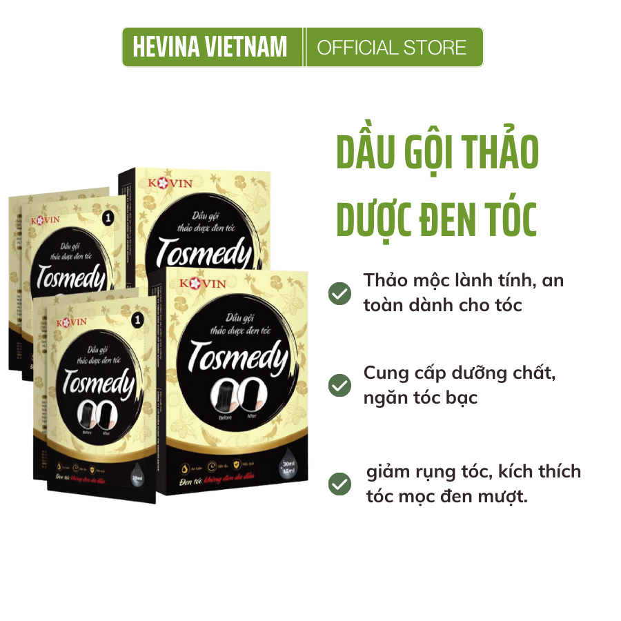 Dầu gội thảo dược đen tóc TOSMEDY 30ml, an toàn, lành tính - Hevina