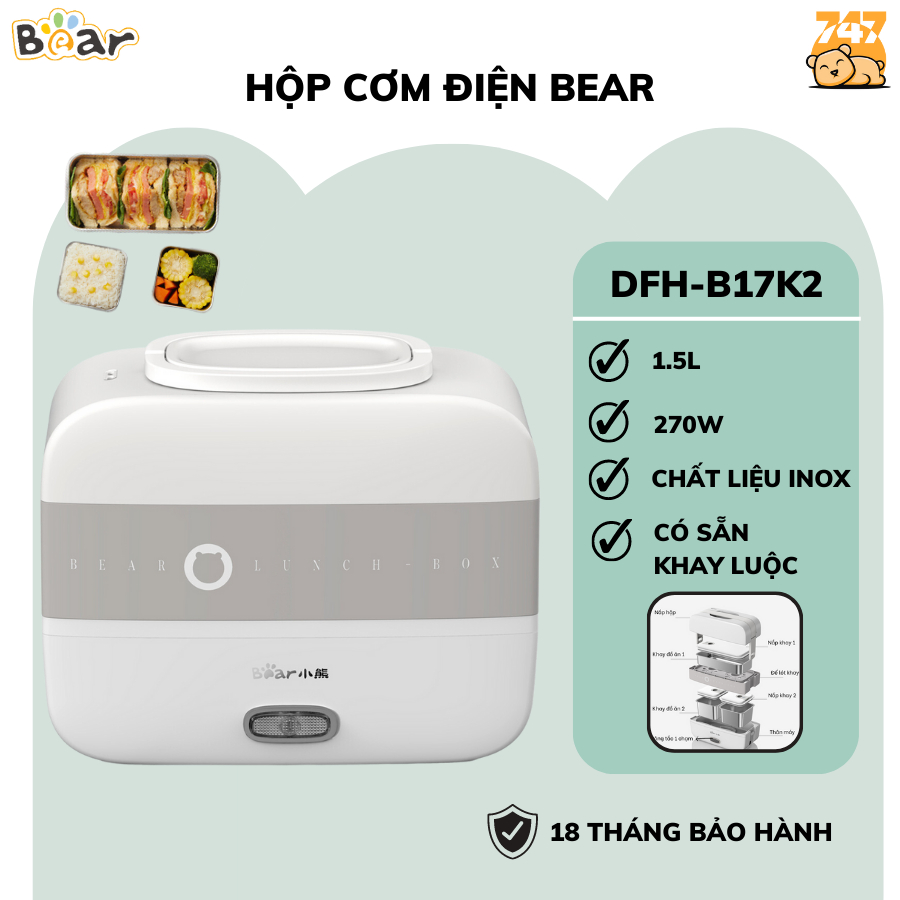 Hộp cơm điện mini cầm tay Bear DFH-B17K2, 1.5L, 270W, thiết kế tay cầm tiện lợi, chất liệu inox304 an toàn cho sức khỏe