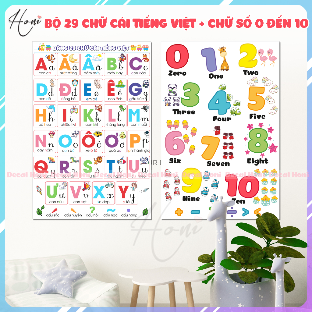 Bộ Tranh Decal Chữ Cái Tiếng Việt và Chữ Số đếm Từ 0 đến 10
