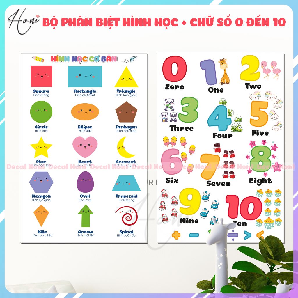 Bộ Tranh Decal Phân Biệt Hình Học và Chữ Số Đếm từ 0 đến 10