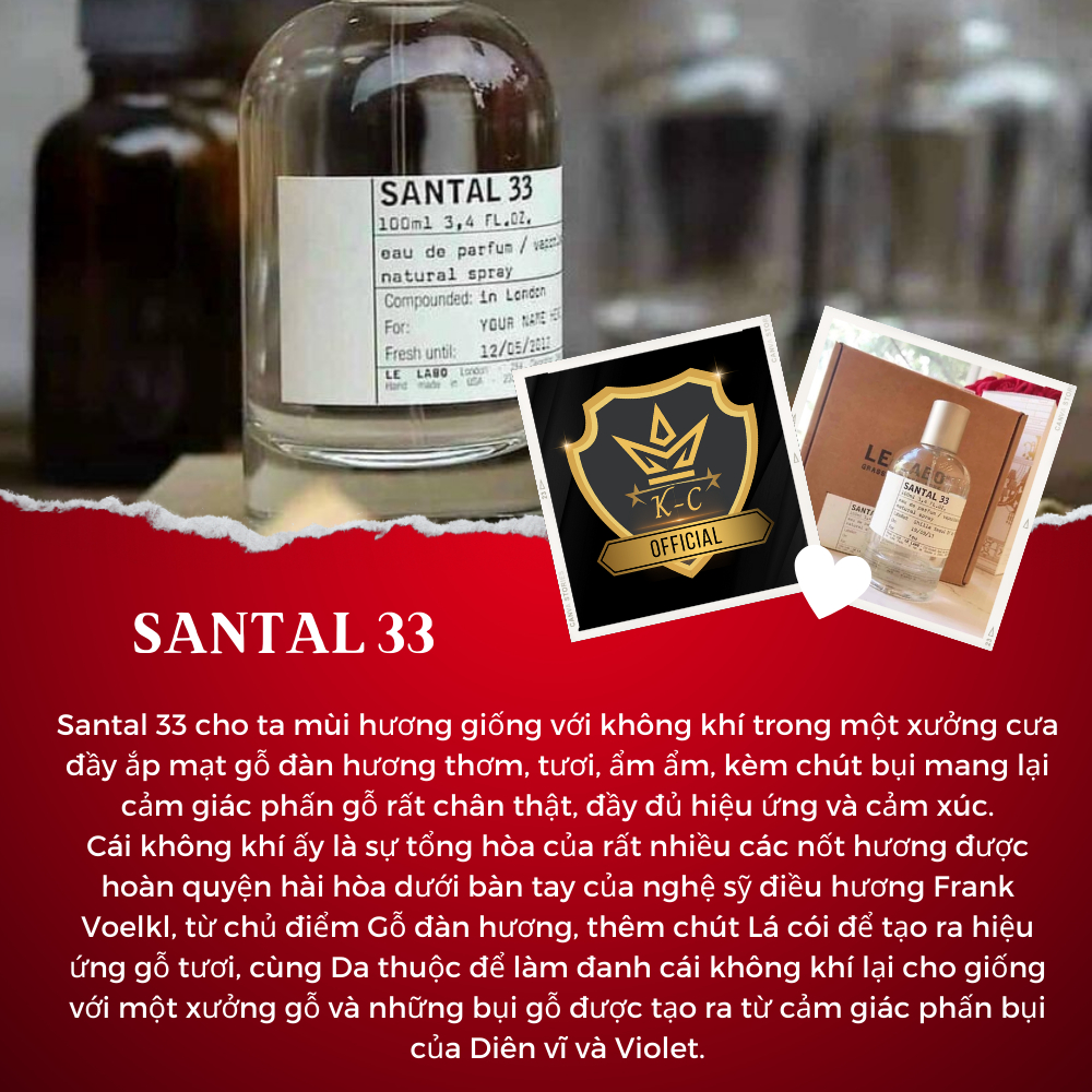 Nước Hoa Nam Nữ Le Labo Santal 33. Nước Hoa chiết 10ml Hương thơm của gỗ đàn hương nhẹ nhàng và lôi cuốn