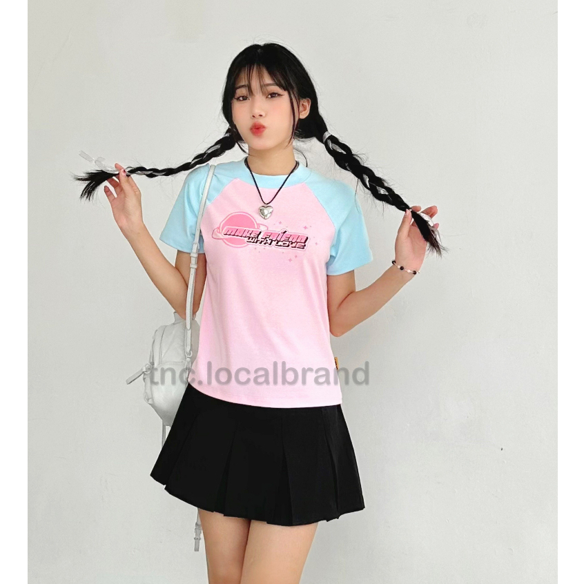 Áo Kiểu Phông Basic Hồng Tay Phối Xanh