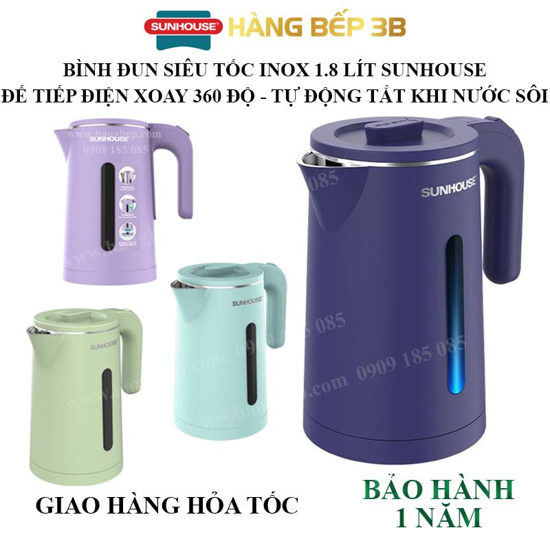 Bình đun nước siêu tốc inox 2 lớp 1.8 lít Sunhouse SHD1351/1353/1355/1368KB - Bảo hành chính hãng 12 tháng toàn quốc | BigBuy360 - bigbuy360.vn