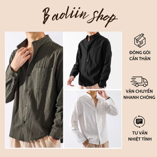 Áo sơ mi đũi dài tay cổ trụ, áo sơ mi nam tay dài thiết kế cổ tàu chất liệu linen thoáng mát
