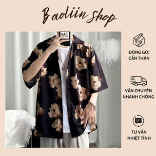 Áo sơ mi nam ngắn tay màu đen chất liệu lụa họa tiết hoa sang trọng