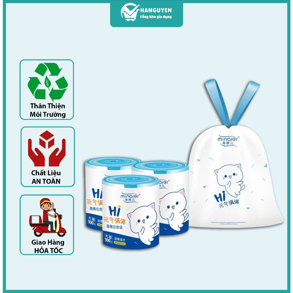 Túi đựng rác dây rút Minaier chống rò rỉ nước, không sợ bẩn tay, Túi đựng rác cuộn 100 túi siêu dai kích thước 45*50cm