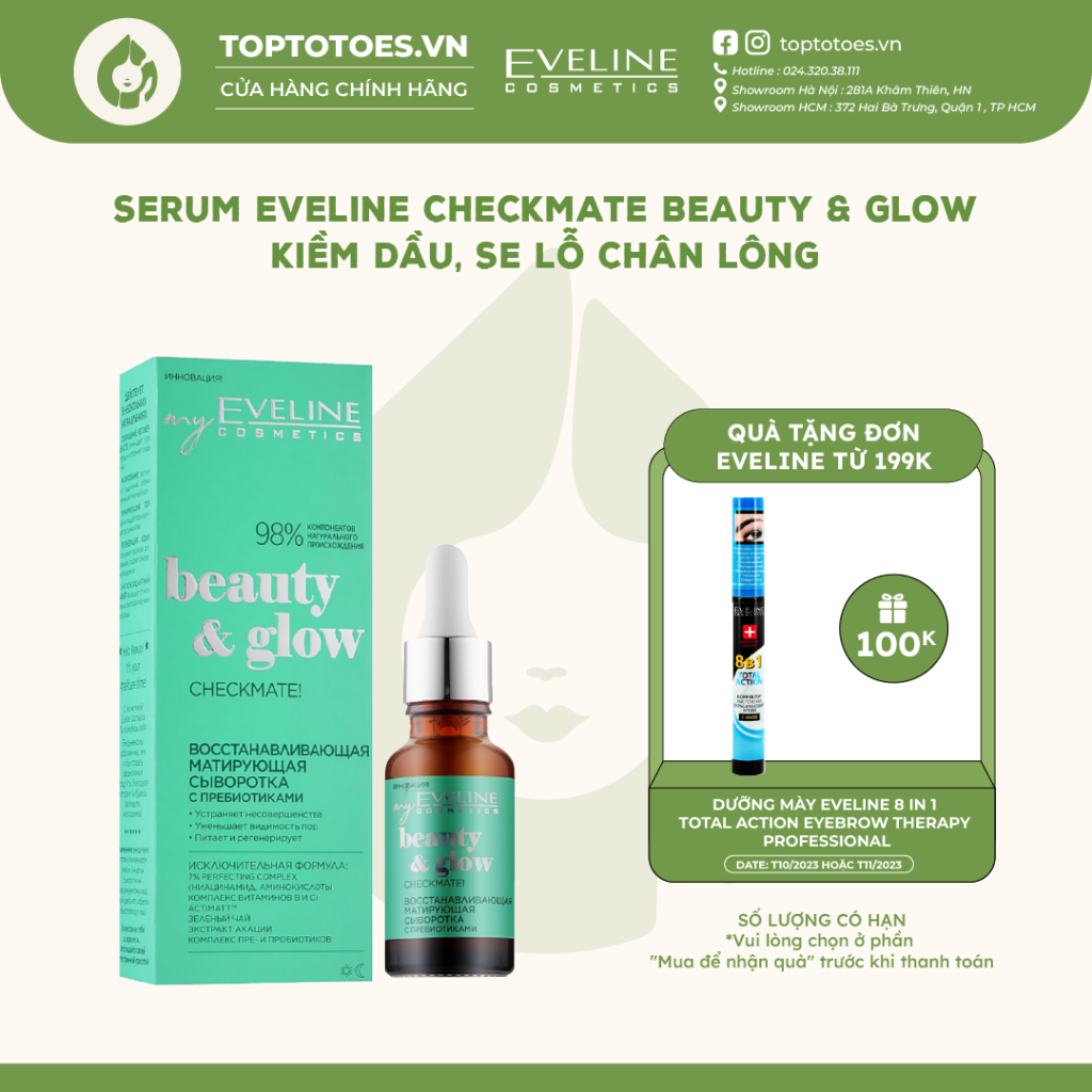 Serum Eveline Checkmate Beauty & Glow kiềm dầu, ngừa mụn, mờ thâm, se lỗ chân lông với B5 & Niacinamide