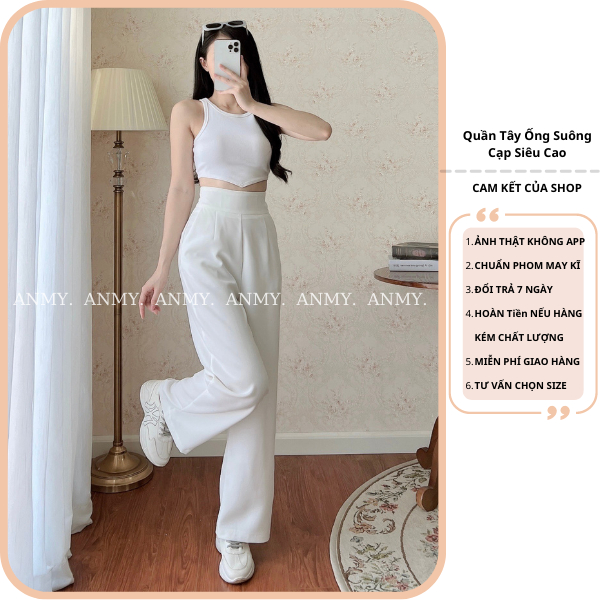 Quần suông ống rộng nữ lưng cao AMY ống rộng dáng suông cạp cao tôn dáng chất vải không nhăn xù đen nâu trắng Q680