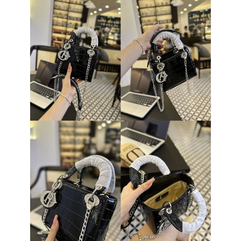 Túi quai xách lady da rắn bóng logo.đính đá 18cm có hộp