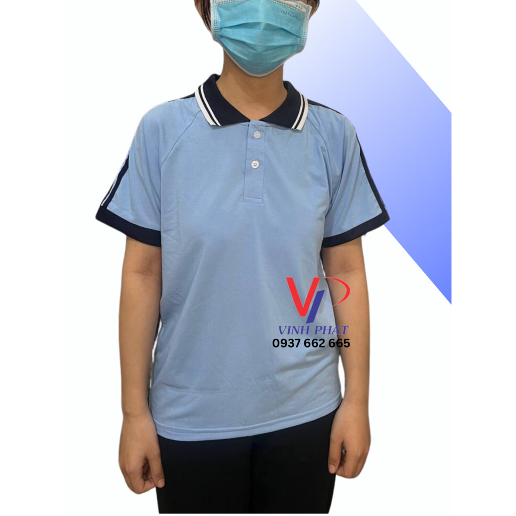 Áo Thun Thể Dục Cổ Bẻ Màu Xanh 3 Sọc Vai Vải Đẹp Cho Học Sinh Nam Nữ Cấp 1 - Hình thật