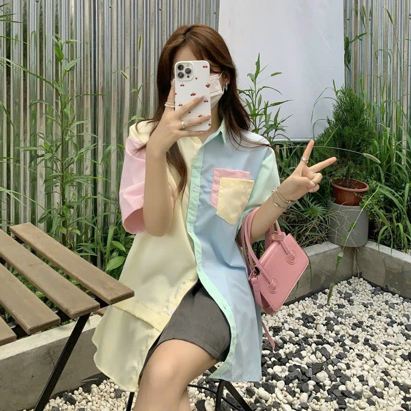 Áo Sơ Mi Tay Lỡ Cổ Bẻ Phối Nhiều Màu - Túi - Học Sinh Đi Học - Form Rộng Unisex Chất Kate Lụa Kiểu hàn Quốc Đẹp