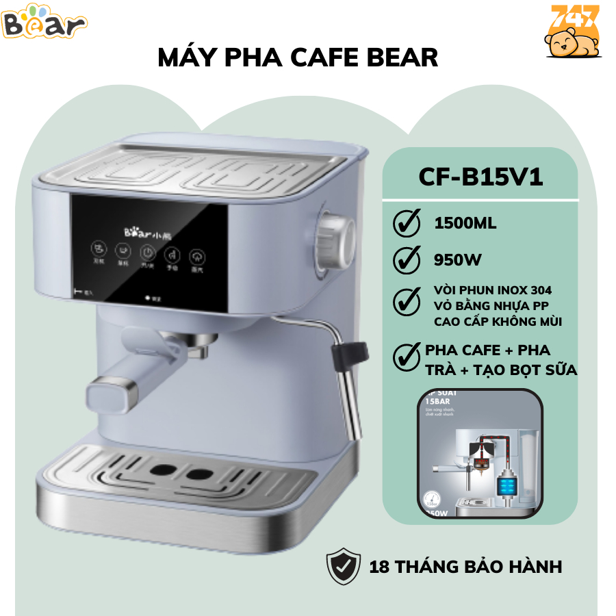 Máy pha cà phê Bear KFJ-A15L1/ CF B15V1 1.5L tự động, pha coffe Espresso, trà, tạo bọt ,chất liệu cao cấp, BH 18 tháng
