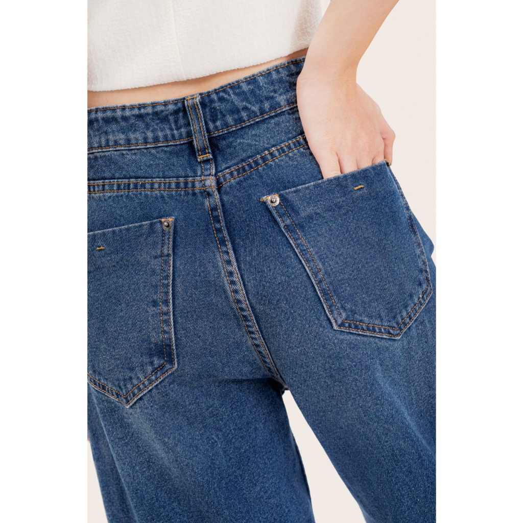 LIBÉ - Quần jeans dài ống suông thẳng màu xanh dương đậm