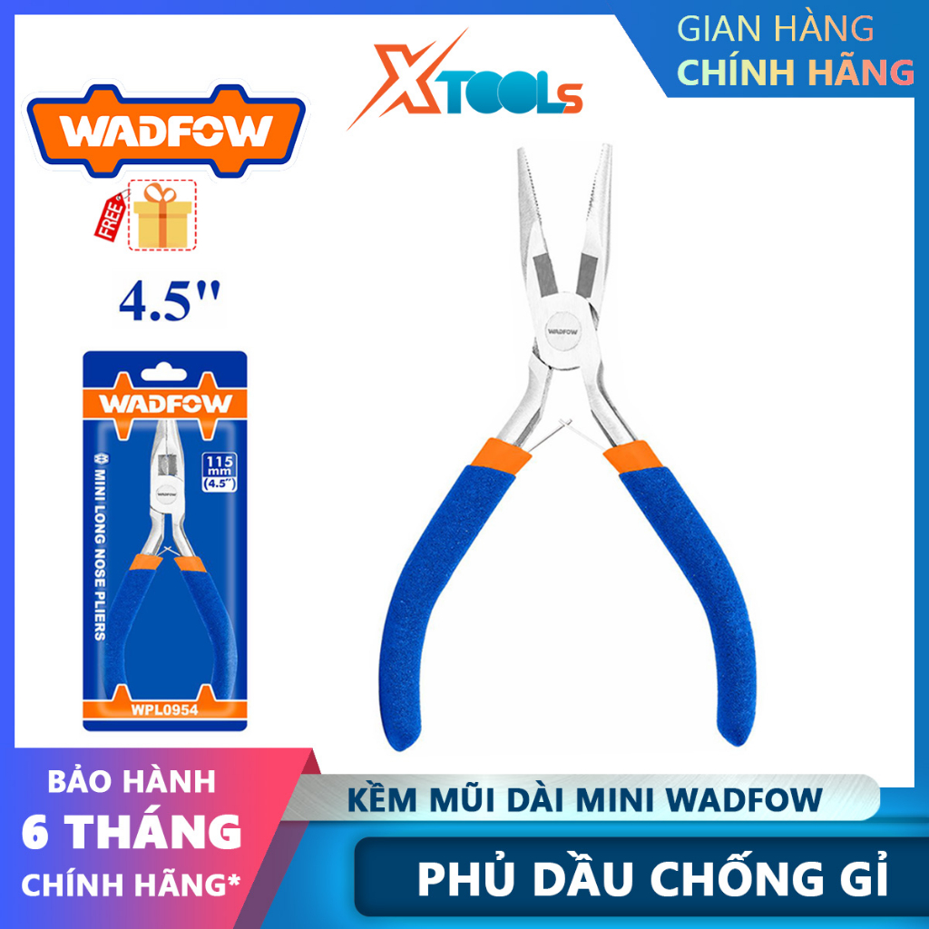 Kềm mũi dài mini WADFOW WPL0954 kích thước 4.5"/115mm, tay cầm nhựa, đầu kềm phủ dầu bóng chống gỉ