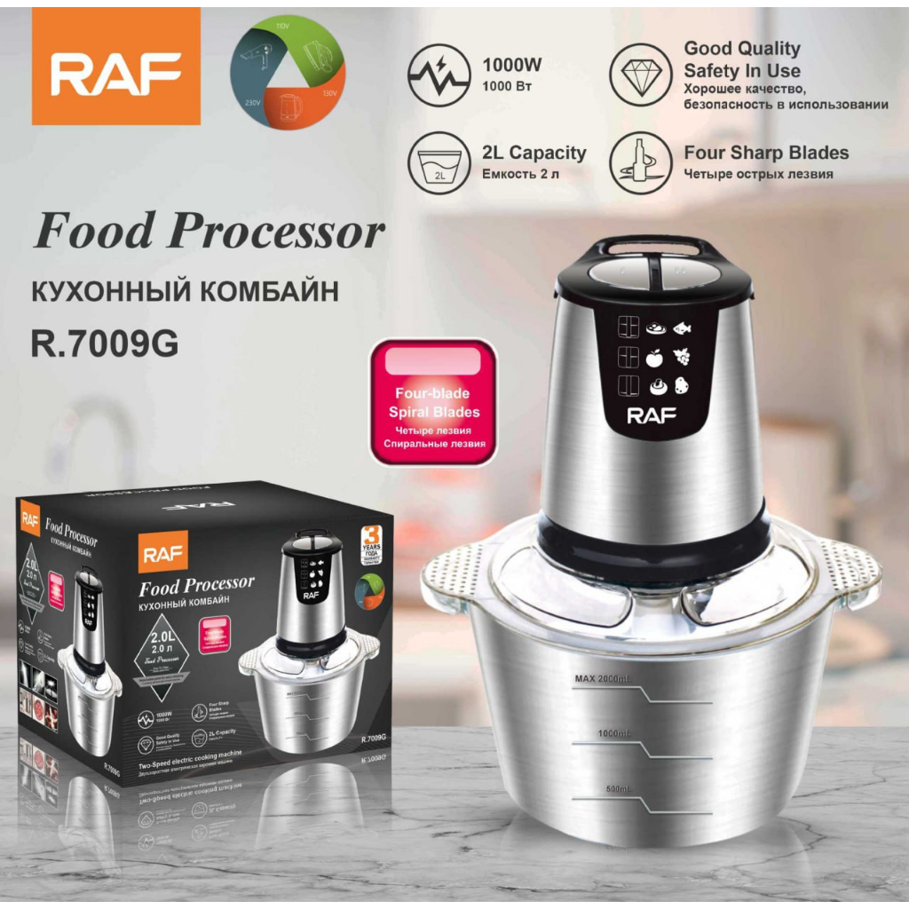 Máy xay thịt RAF INOX 250W, cối inox 304, 4 lưỡi xay sắc bén