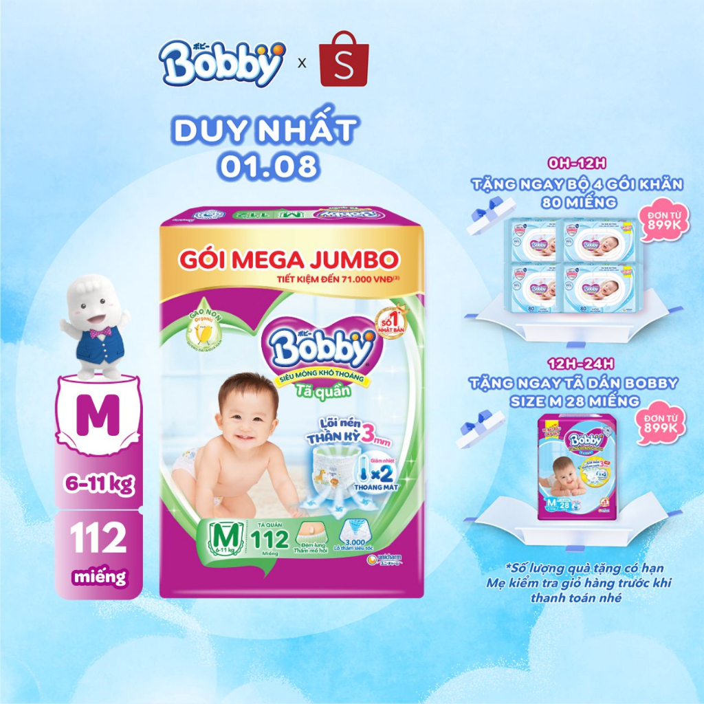 Tã quần Bobby Lõi nén thần kỳ 3mm Gạo non Mega Jumbo M112/L96/XL84/XXL76