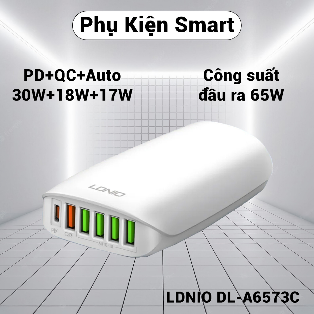 Bộ Sạc Nhanh 65W Đa Năng, Bộ Sạc 6 Cổng LDNIO DL-A6573C Tùy Chỉnh 65W Thông Minh Sạc Nhiều Thiết Bị Cùng Lúc.