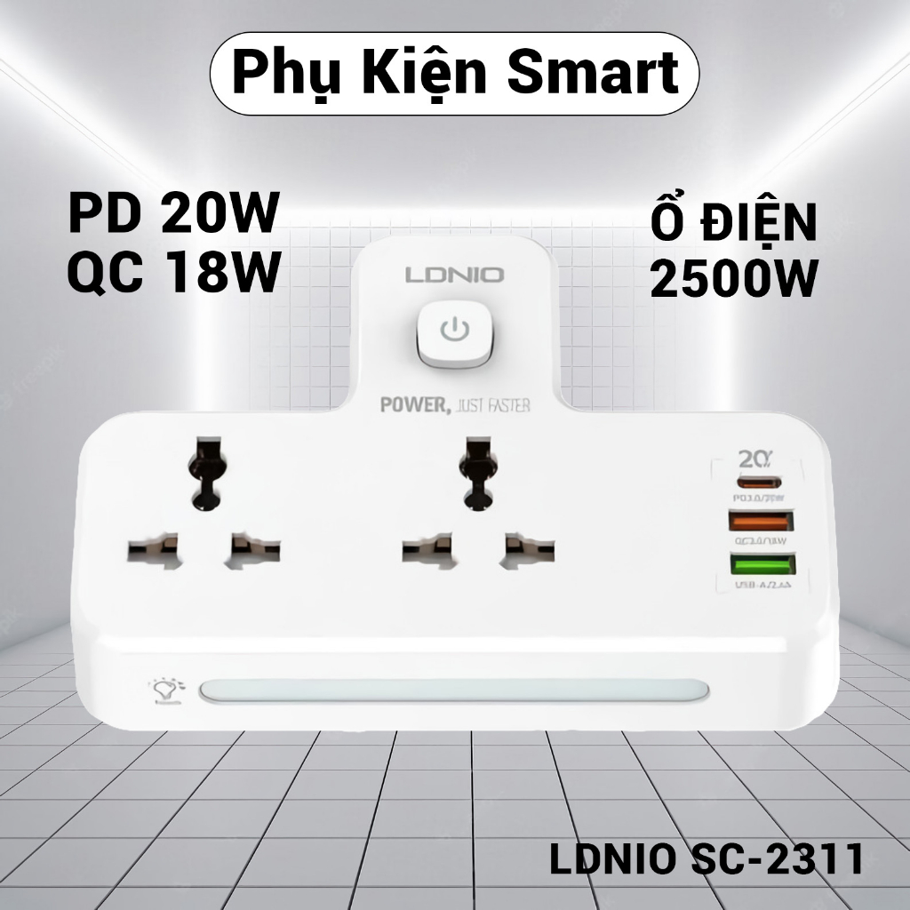 Ổ Cắm Điện Mở Rộng Đa Năng LDNIO SC2311 - 2 Chấu + 2 Cổng USB-A + 1 Cổng PD20W - Chuẩn Chân Cắm EU.