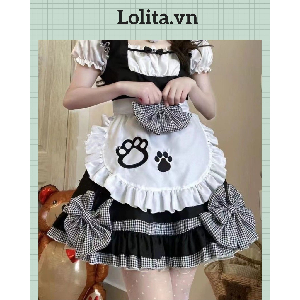 Váy maid tạp dề hình chân mèo phối bèo caro dễ thương full phụ kiện