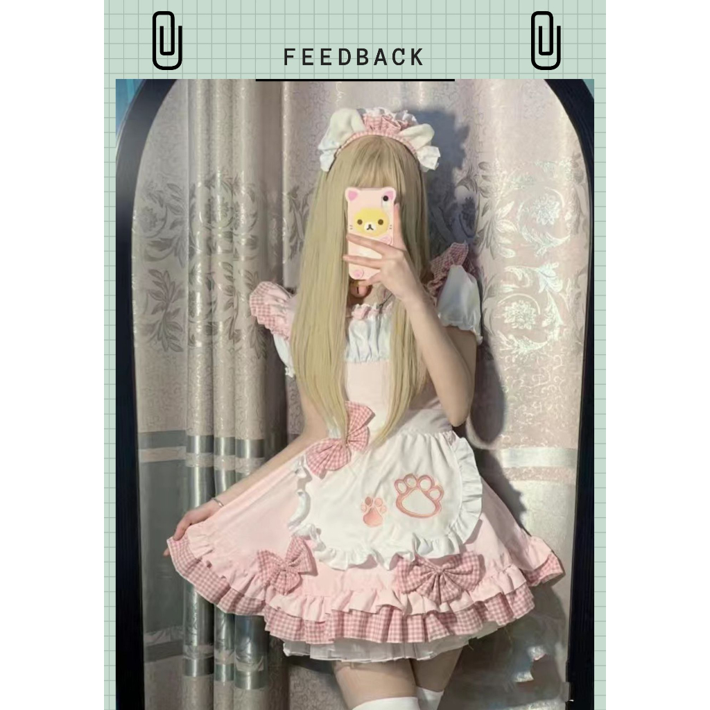 Váy maid tạp dề hình chân mèo phối bèo caro dễ thương full phụ kiện