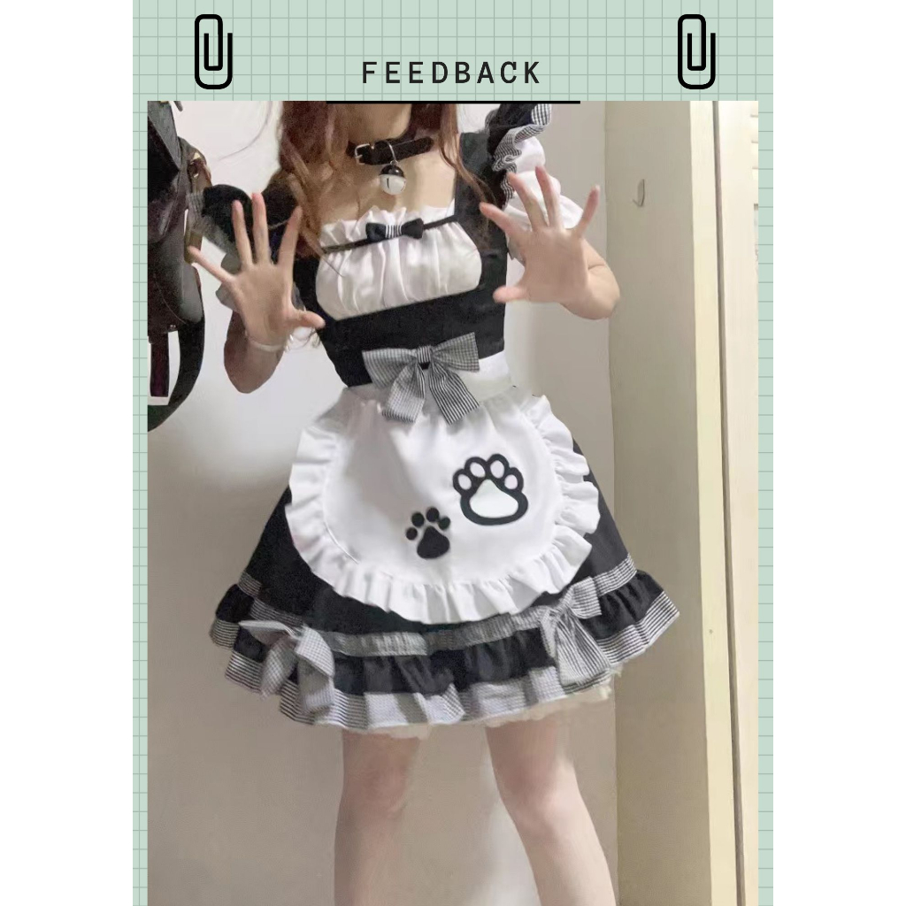 Váy maid tạp dề hình chân mèo phối bèo caro dễ thương full phụ kiện