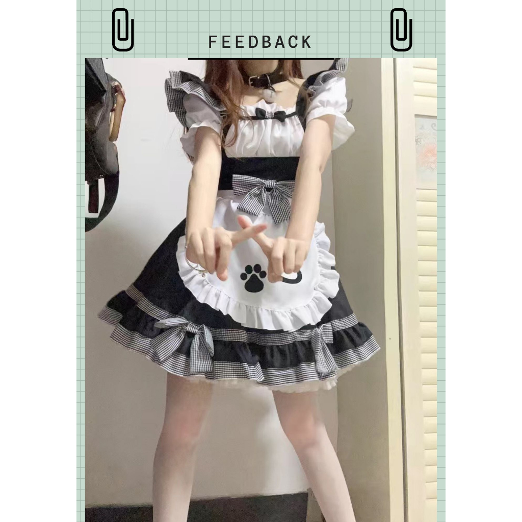 Váy maid tạp dề hình chân mèo phối bèo caro dễ thương full phụ kiện