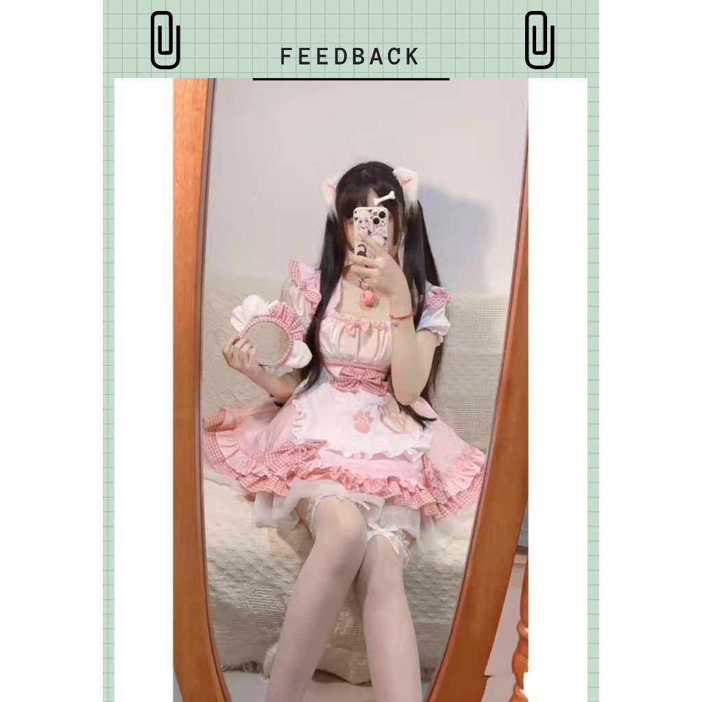 Váy maid tạp dề hình chân mèo phối bèo caro dễ thương full phụ kiện