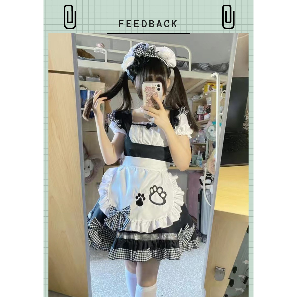 Váy maid tạp dề hình chân mèo phối bèo caro dễ thương full phụ kiện