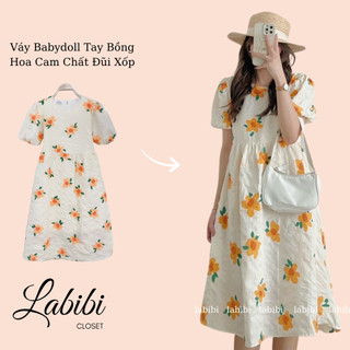 Váy Babydoll Tay Bồng Hoa Cam Chất Đũi Xốp Form Rộng May 2 Lớp Thoáng Mát, Labibi