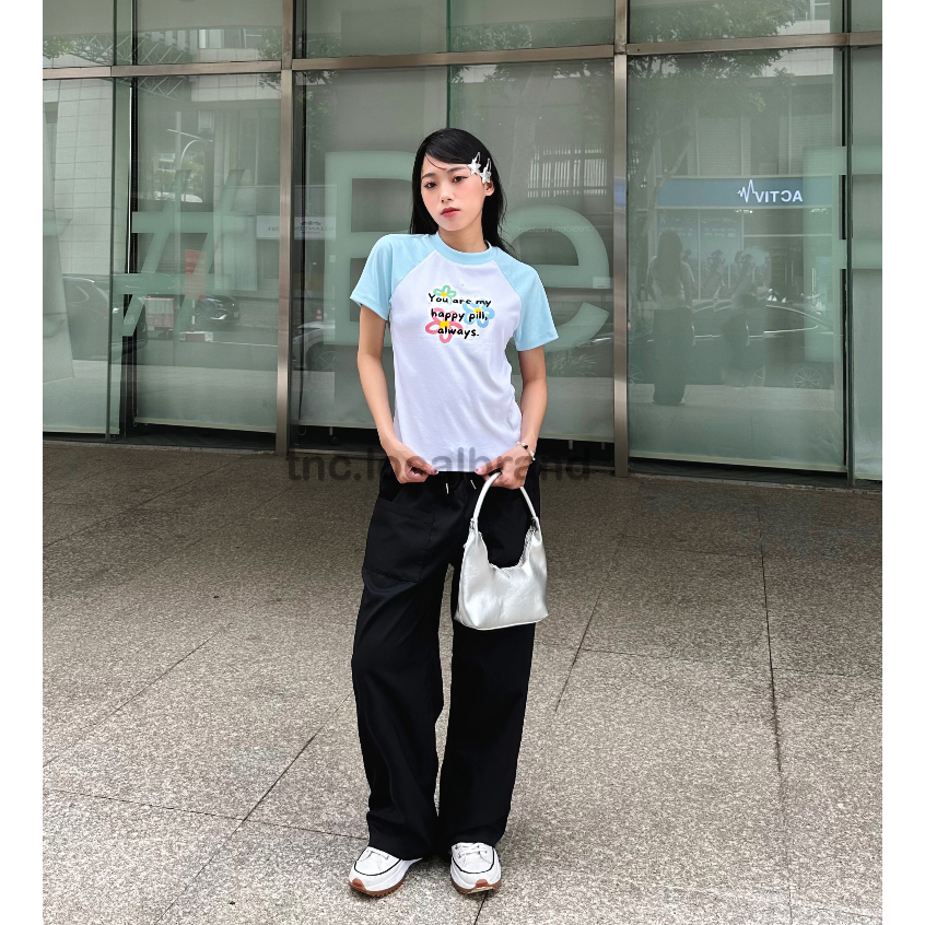 Baby Tee Raglan Áo Thun Nữ Local Brand TNC "Happy Pill"  Kiểu Phông Basic Trắng Xanh Form Rộng Vừa Đẹp