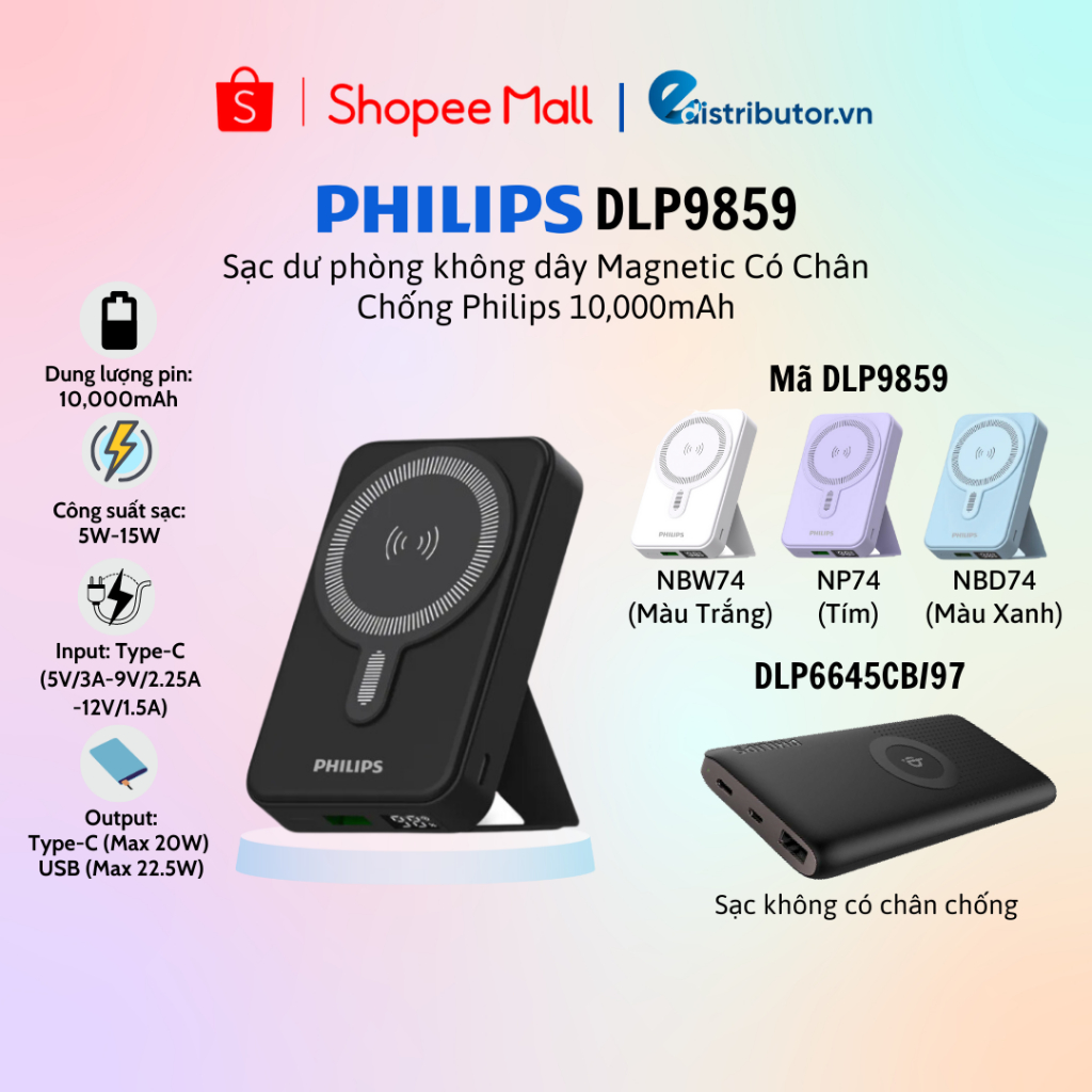 Pin Sạc Dự Phòng Không Dây Magnetic Có Chân Chống Philips DLP9859 10,000mAh - 100% chính hãng