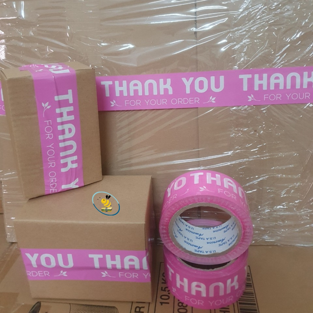 Băng keo cảm ơn khách hàng màu hồng dễ thương in chữ THANK YOU đóng gói hàng hóa đẹp mắt ấn tượng
